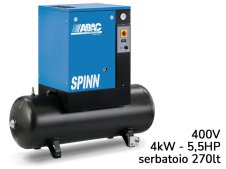 Compressore elettropneumatico ABAC Spinn 4 400V ad avviamento diretto su serbatoio 270lt, 8-10bar