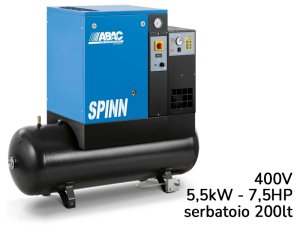 Compressore elettropneumatico ABAC Spinn E 5,5 400V su serbatoio 200 lt ed essiccatore, 8-10bar