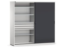 Armadio officina Fami Perfom 2040x600x2000mm con ante scorrevoli, 8 ripiani fessurati e 6 cassetti