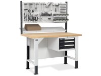 Banco da lavoro regolabile Fami Master BR 150cm piano in legno, 3 cassetti e parete forata