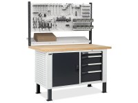 Banco da lavoro regolabile Fami Master BR 150cm piano legno, cassettiera, armadio e parete forata