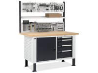 Banco da lavoro regolabile Fami Master BR 150cm piano legno, cassettiera, armadio e parete forata