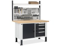 Banco da lavoro regolabile Fami Master BR 150cm piano legno, cassettiera, armadio e parete forata