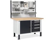 Banco da lavoro regolabile Fami Master BR 150cm piano legno, cassettiera, armadio e parete forata