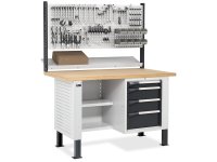 Banco da lavoro regolabile Fami Master BR 150cm piano legno, 4 cassetti, semipiani e parete forata