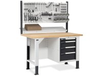 Banco da lavoro regolabile Fami Master BR 150cm piano in legno, 4 cassetti e parete forata