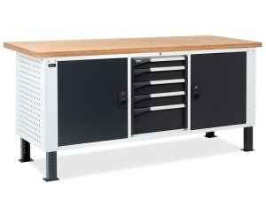 Banco da lavoro regolabile Fami Master BR 200cm piano in legno, 2 armadi e cassettiera