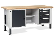 Banco da lavoro regolabile Fami Master BR 200cm piano in legno 4 cassetti, armadio e semipiano