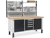 Banco da lavoro regolabile Fami Master BR 200cm piano legno, 4 cassetti, 2 armadi e parete forata