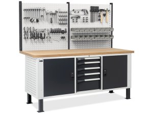 Banco da lavoro regolabile Fami Master BR 200cm piano legno, 4 cassetti, 2 armadi e parete forata