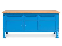 Banco da lavoro regolabile Fami WORK2012 200cm blu piano in legno, 3 armadi e 3 cassetti