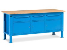 Banco da lavoro regolabile Fami WORK2012 200cm blu piano in legno, 3 armadi e 3 cassetti