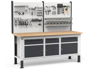 Banco da lavoro regolabile Fami WORK2034 200cm, piano legno, 3 cassetti, 3 armadi e parete forata