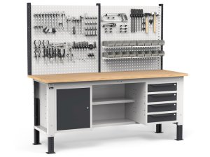 Banco da lavoro regolabile Fami WORK2033 200cm chiuso, 4 cassetti, armadio e parete forata