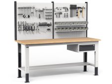 Banco da lavoro regolabile Fami WORK2030 200cm, piano in legno, cassetto e parete forata