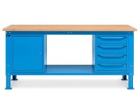 Banco da lavoro regolabile Fami WORK2006 200cm blu piano in legno, armadietto e 4 cassetti