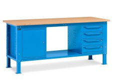 Banco da lavoro regolabile Fami WORK2006 200cm blu piano in legno, armadietto e 4 cassetti