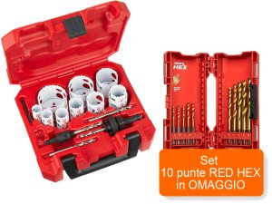 Set 10 seghe a tazza bi-metalliche Milwaukee Hole Dozer, 19-57mm + Set punte RED HEX in OMAGGIO