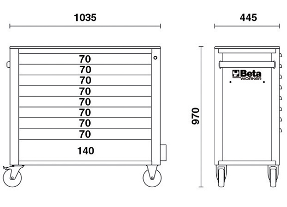 Misure cassettiera Beta BW 2400S XL9/E-XXL con 9 cassetti