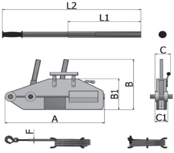 Schema tecnico argano manuale a fune passante Beta 8148