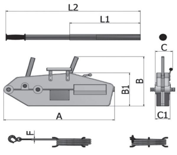 Schema tecnico argano manuale a fune passante Beta 8148