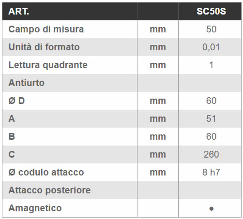 Dati tecnici comparatore a quadrante corsa lunga SC50S LTF