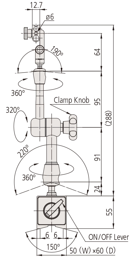 Schema tecnico base magnetica comparatori Uni Joint Serie 7 Mitutoyo