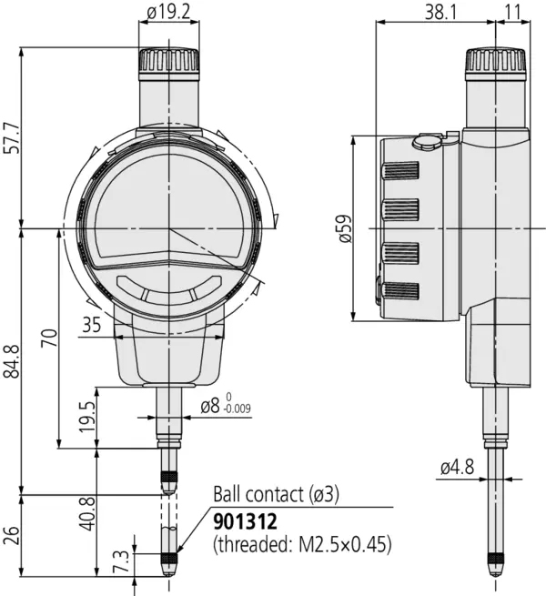 Schema tecnico comparatore digitale ID-F 25,4mm Mitutoyo