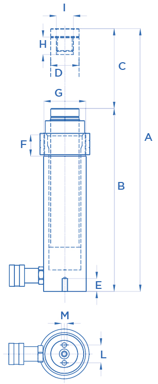 Schema tecnico cilindro idraulico corsa lunga semplice effetto OMCN 363/FM