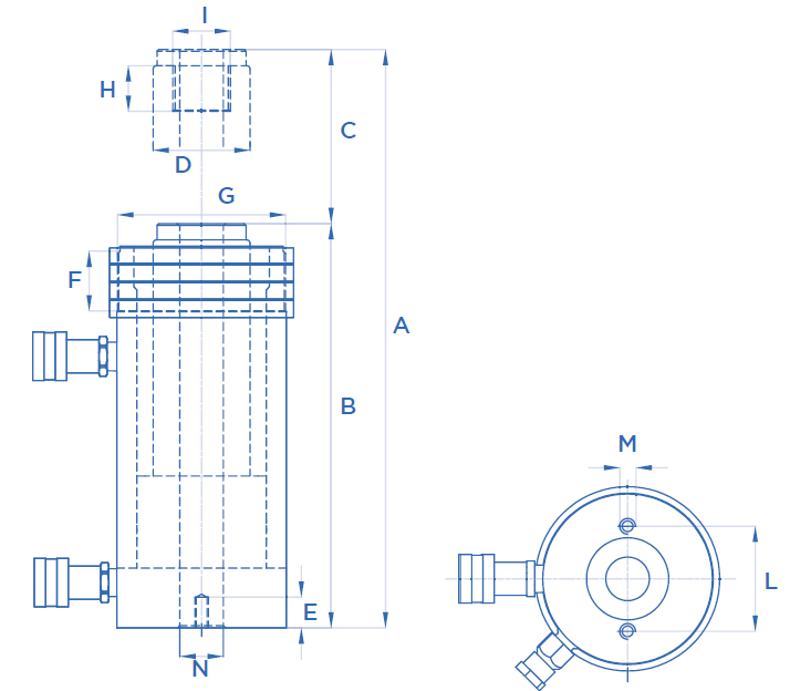Schema tecnico cilindro idraulico forato doppio effetto OMCN 367/O