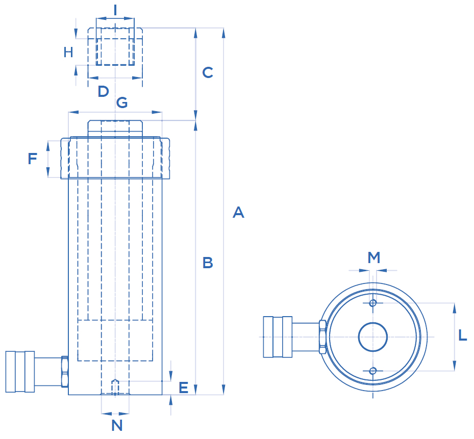 Schema tecnico cilindro idraulico forato semplice effetto OMCN 367/C