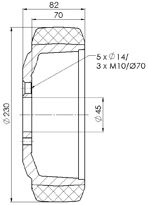 Schema tecnico ruota motrice 230x70mm Tellure Rota