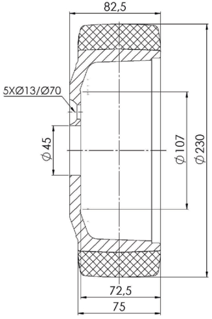 Schema tecnico ruota motrice 230x75mm Tellure Rota